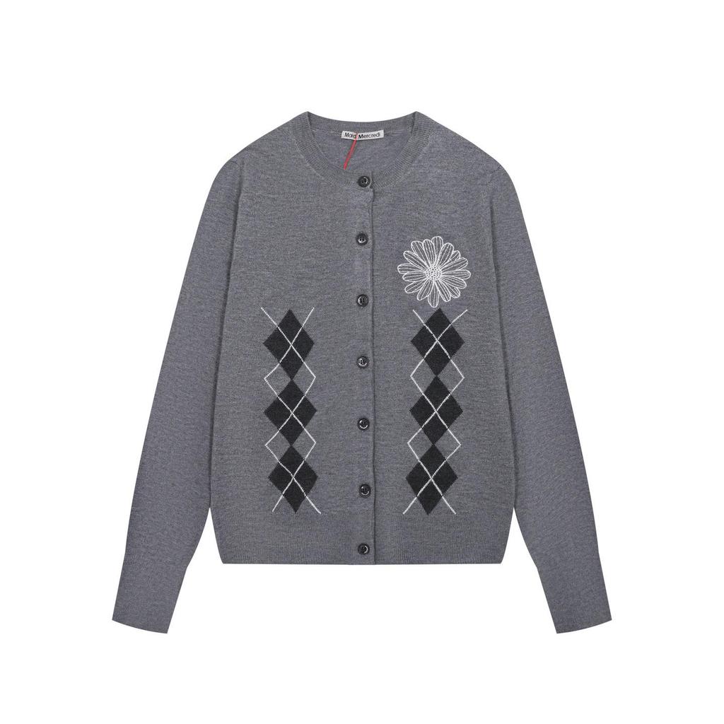 Korean Niche Old Money Logo Embroidery Plaid Knitwear - Single-Breasted Long Sleeve