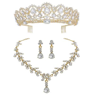 Schlichter Brautschmuck, dreiteiliges Set aus weißem Kristallkrone-Tiara, Fischgrät-Halskette und Ohrringen für Damen