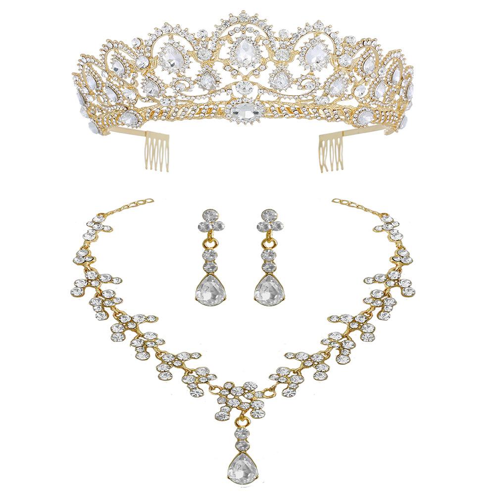 Bridal Tiara Crown  Necklace and Earrings Three Piece Set Exquisite Floral Diamond Alloy Crown