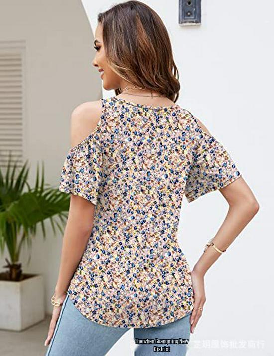 2025 Summer Off-the-Shoulder V-Neck Print Top for Women