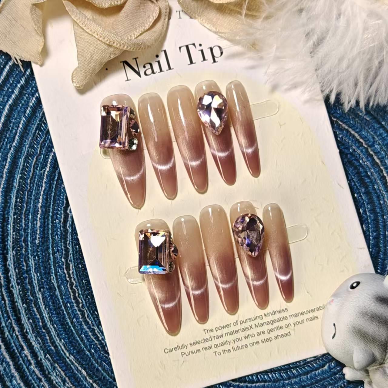 

Наклейки для ногтей ручной работы Aurora Nude с блестками - Узкие, длинные, заостренные накладные ногти Large L