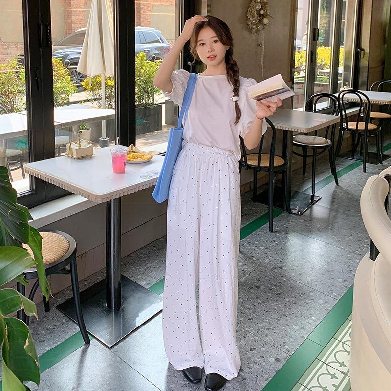 Ice silk polka dot wide-leg pants women's summer new casual thin small cool pants straight mopping pants