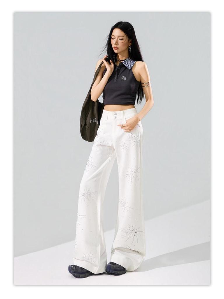 Fireworks Flash Rhinestone Anti-Wrinkle Four-Way Stretch Micro-Flare Casual Pants