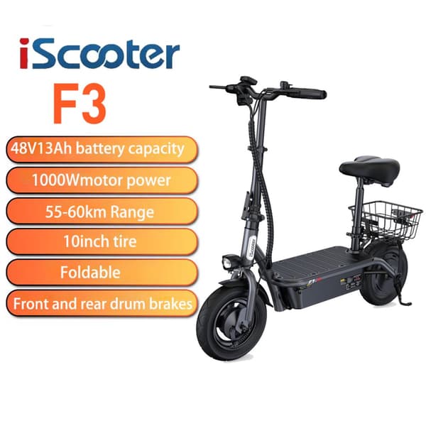 iScooter F3 1000W Electric Scooter, 37 Miles Range, 28MPH Speed, 10" Tires for Adults Commuting