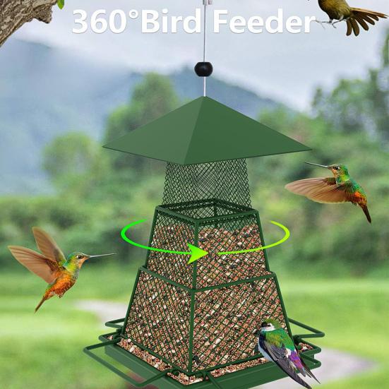Hrănitor metalic pentru păsări cu 3 niveluri, suspendabil, hrănitor pentru colibri, distribuitor de hrană pentru păsări, plasă pliabilă