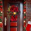 30cm Christmas Wreath With Lamp Bow Ball Big Red Flower Navidad Party Wall Door Window Fireplace Staircase Balcony Garden Wreath