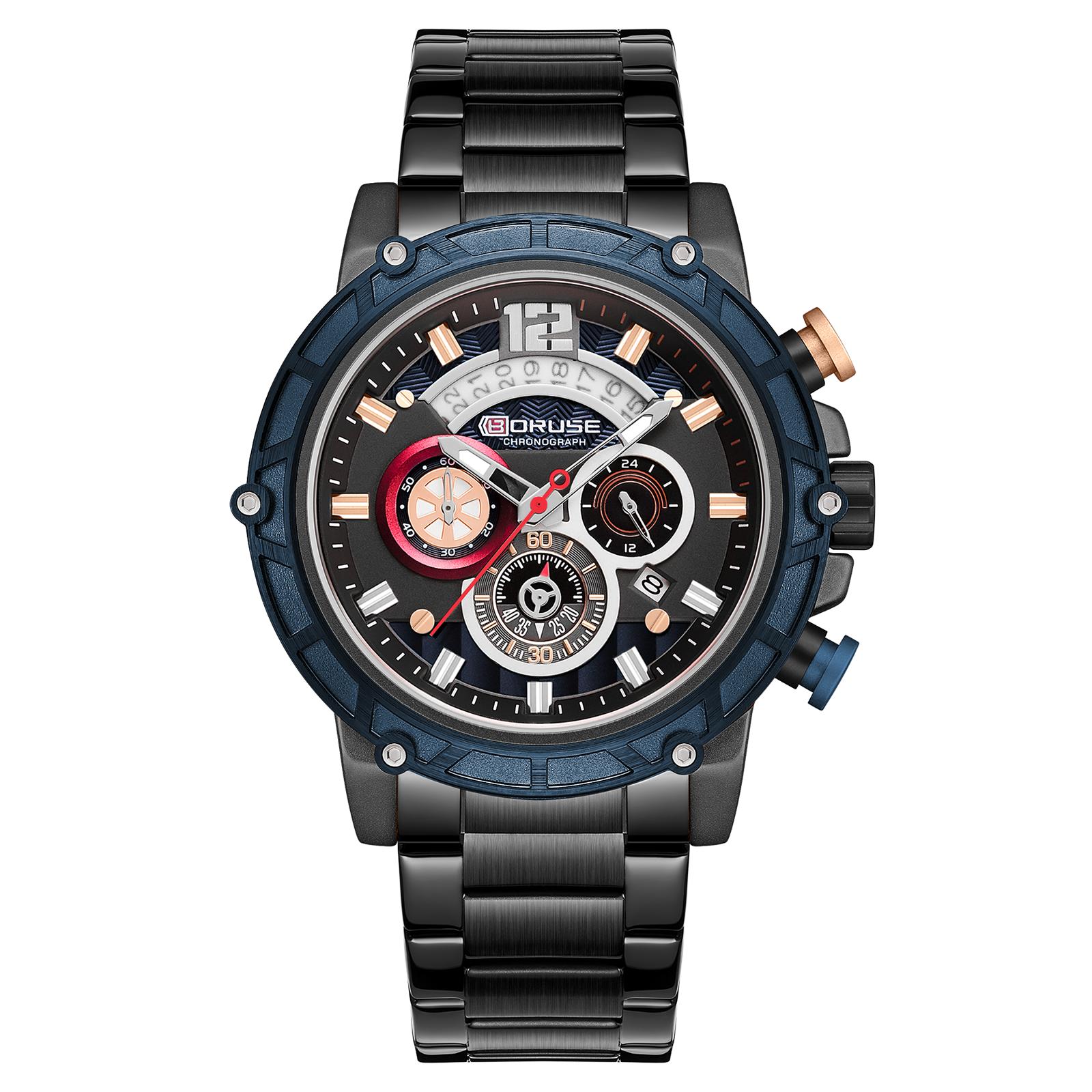 

BORUSE Мужские деловые часыПовседневные часыКварцевые мужские часы с ремешком из нержавеющей стали для мужчин Аналоговые мужские часы с календарем синий/чёрный