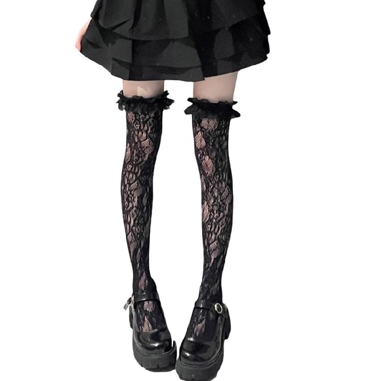 Thigh Highs Stockings with Ruffle Trim Women Flower Lace Fishnet Over Knee Socks