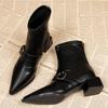 Metal Buckle Block Heel Single Boots Fashion Pointed Toe Rear Zipper Anti-Slip Wear-Resistant