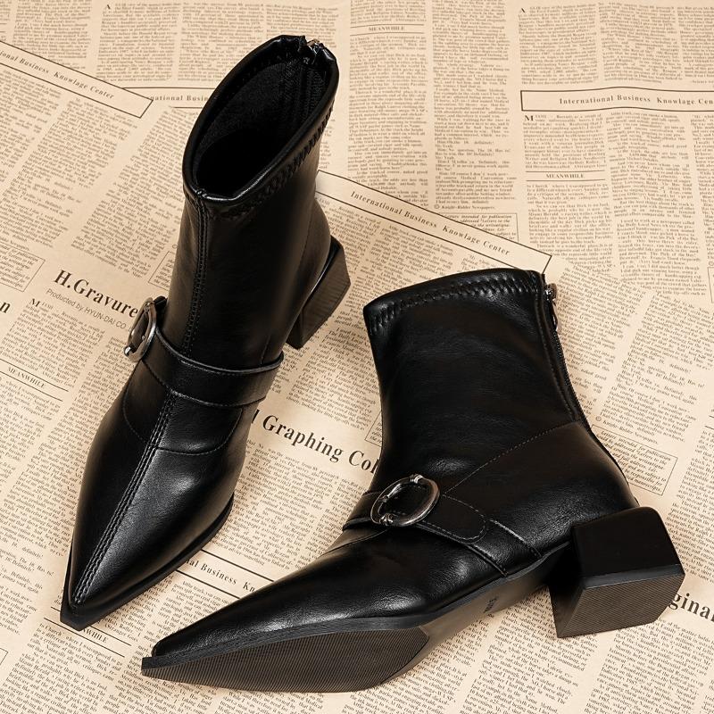 Metal Buckle Block Heel Single Boots Fashion Pointed Toe Rear Zipper Anti-Slip Wear-Resistant