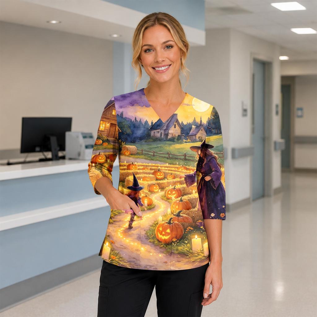 Women's V-Neck Costume with Pockets Halloween Print Side Slit 3/4 Sleeve Top for Cosplay Party