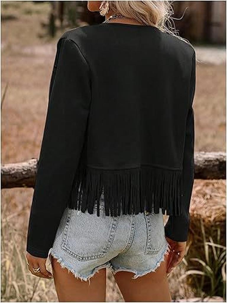 New Women's Faux Suede Fringe Trim Long Sleeve Open Front Cardigan Western Music Festival Outfit