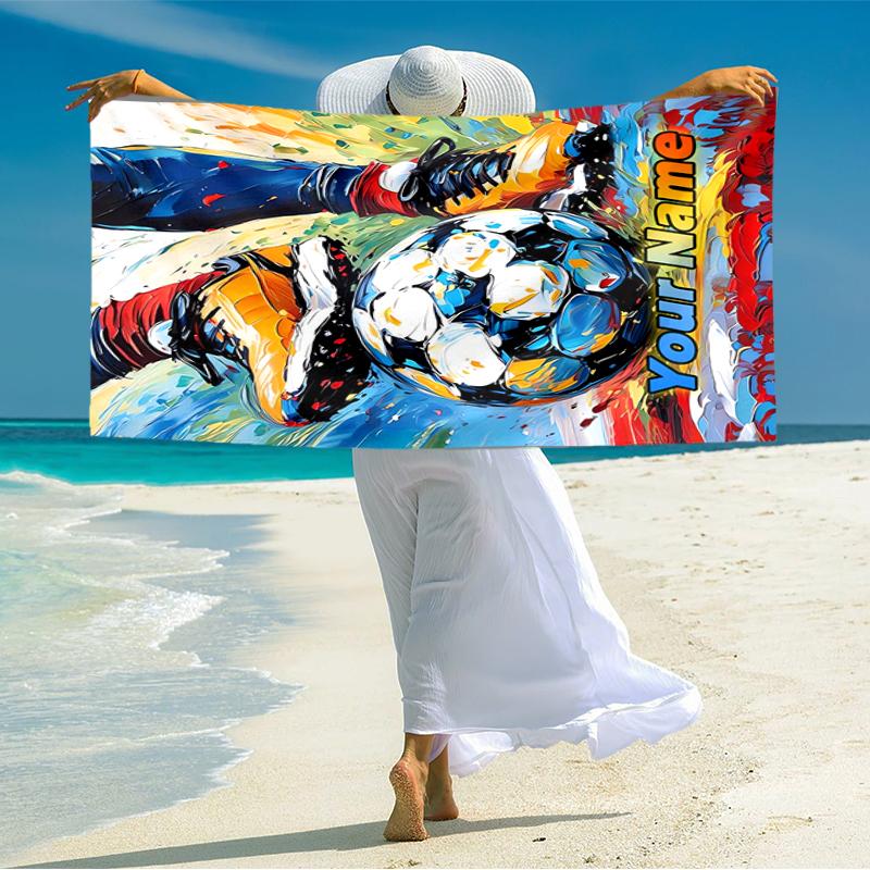 1PC Custom Name "Dynamic Soccer Artwork" Beach Towel Highly Absorbent And Sand-Resistant Towel for Swimming, Pool, Yoga, And Travel Lightweight