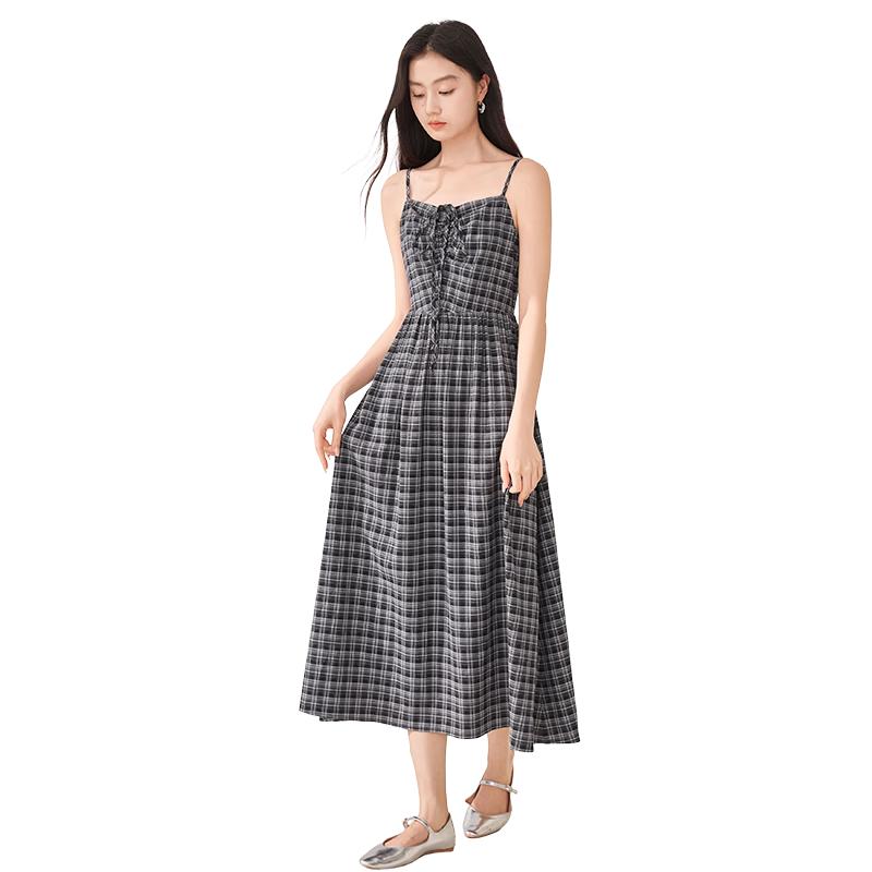 Xiangying Plaid Square Neck Suspender Dress S