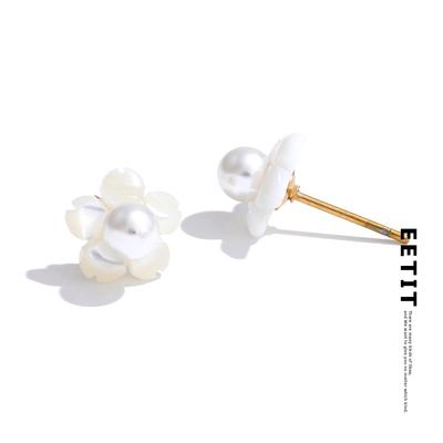 Boucles d'oreilles puces fleur en nacre épaisse naturelle de gros, perles simulées, style chic tendance quotidien, bijoux en acier inoxydable 2025