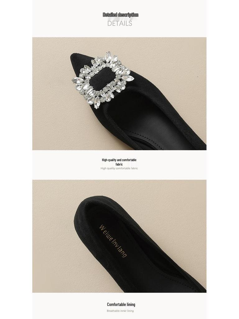 Weiwei Black Rhinestone Chunky Heel Pointed Toe Slip-On Flats for Women