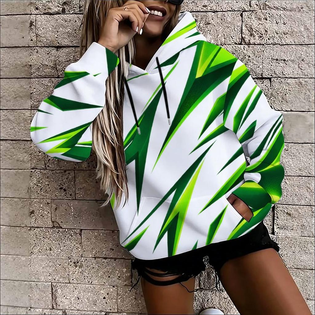 Women Plus Size Long Sleeve Pink White Printed Drawstring Hoodie Kangaroo Pocket Pullover