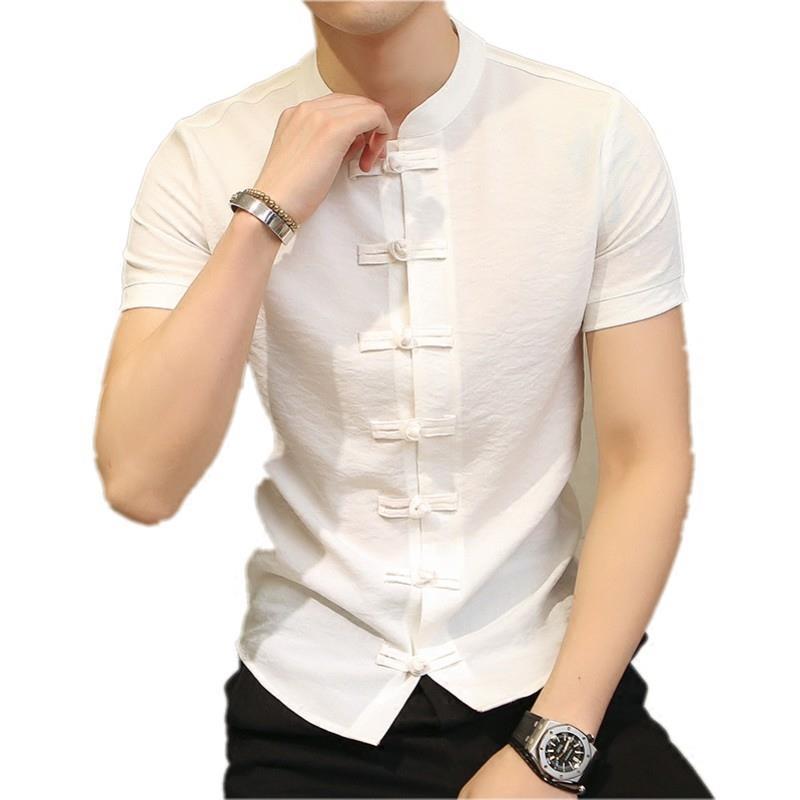 Men's Chinese Style Short Sleeve Tang Suit - Black Zhongshan Slim Fit Shirt