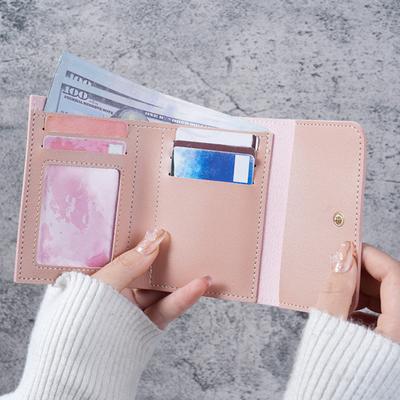 Ladies Triple Fold Wallet Artificial Leather Credit Card Holder with ID Window Portable Small Purse with Snap Button for Shopping Daily Life