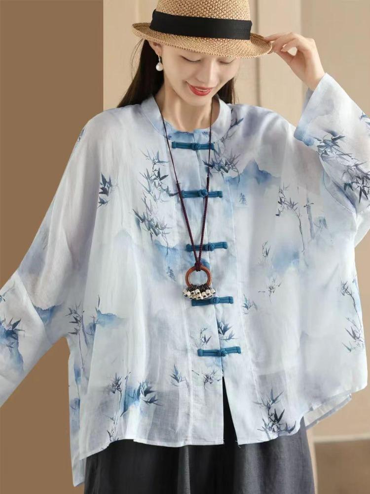 Chinese Style Bat Sleeve Shirt Vintage Women Blouse Floral Print Spring Top Loose Stand Button