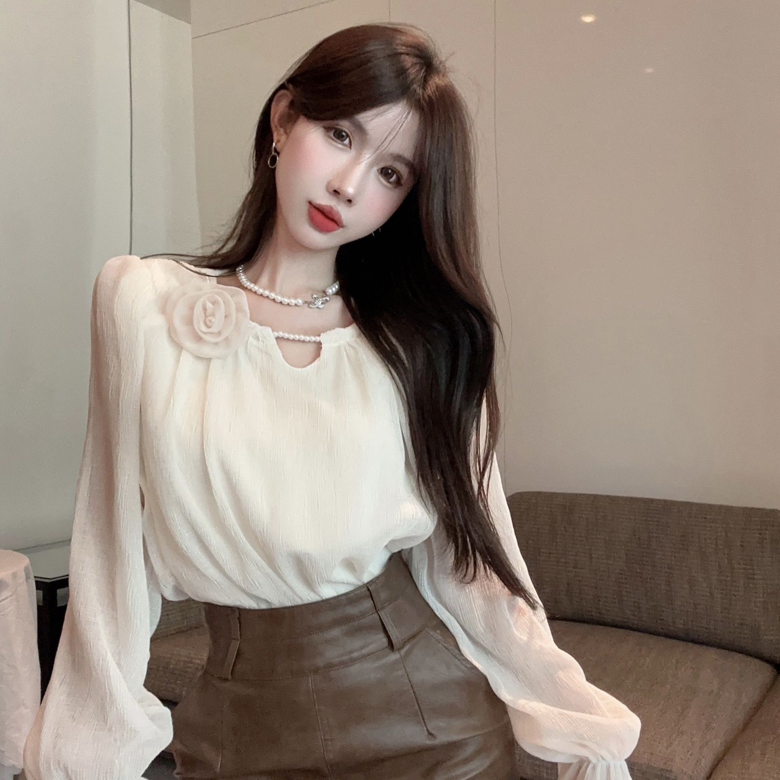 

Блузка из шифона во французском придворном стиле, женская, весенне-осенняя, элегантная, с длинным рукавом, стильная верхняя одежда, рубашка, топ XL