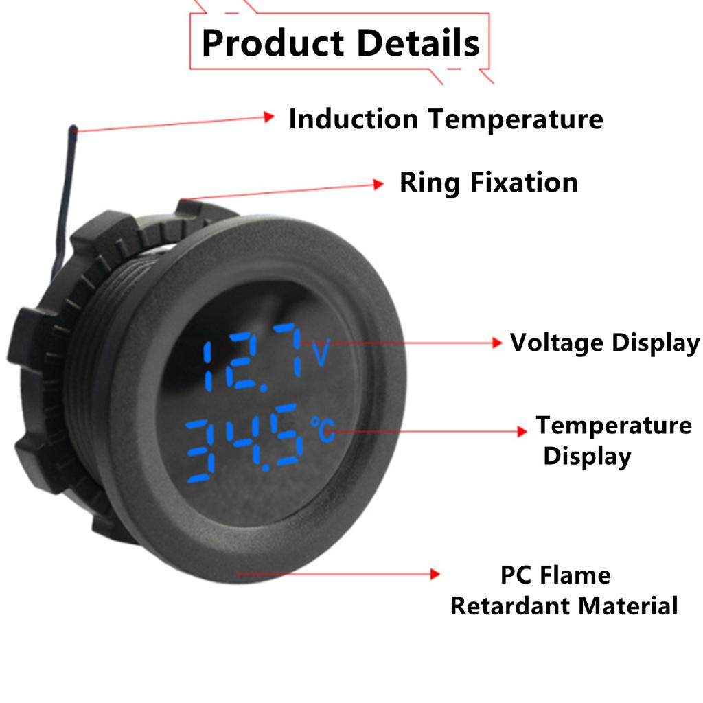 12-24V Car Round Temperature Voltmeter Auto Voltage Test Display Digital Measurement for Car Motorcycle Boat Yacht Voltmeter
