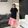 Dimanaf 2023 Plus Size Summer T-Shirt Dress Women Cotton Loose Dress Beach Mesh Female Dresses O-Neck Pink
