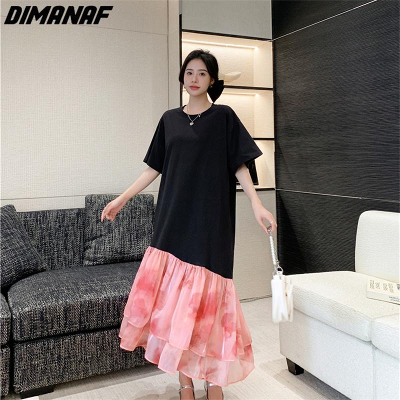 Dimanaf 2023 Plus Size Summer T-Shirt Dress Women Cotton Loose Dress Beach Mesh Female Dresses O-Neck Pink