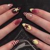 24Pcs Short Almond Press On Nails, Nude with Burgundy & Yellow Star & Stripe Fake Nails for Y2K Girls