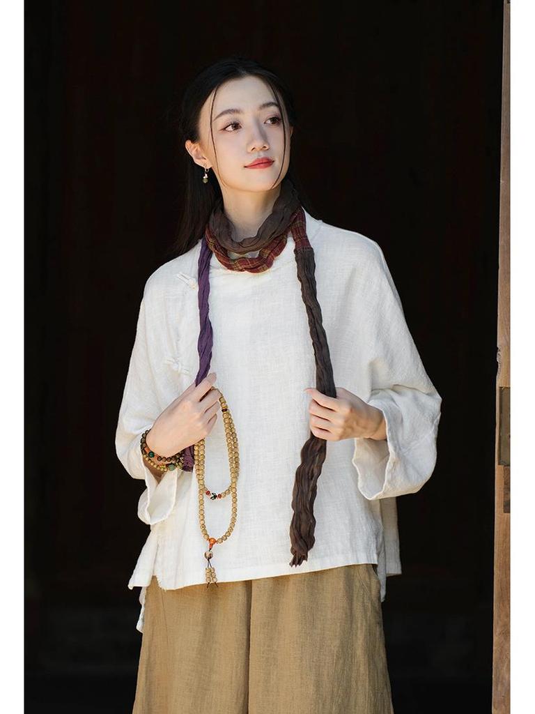 Women's Zen Style Long Sleeve Ramie Top with Frog Buttons - Chinese Retro, Sand Washed, Brushed Cotton Linen