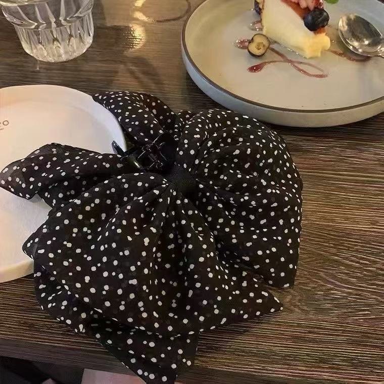French Retro Veil Hair Claw with Bow Polka Dot Chiffon Half-Up Hair Clip Elegant Hair Accessories for Women Autumn Hairpin