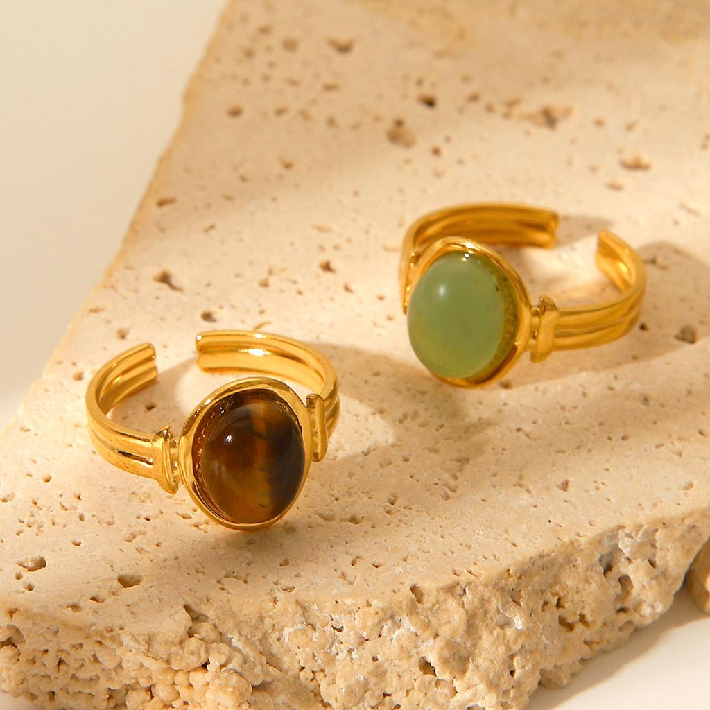 French Retro Court Style Natural Tiger Eye Stone Stainless Steel Ring for Women, Non-fading Titanium Steel Open Ring