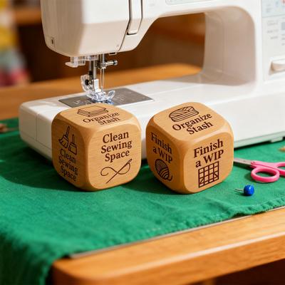2 ks dřevěných kostek pro patchwork s 6 vyrytými úkoly pro patchwork Ručně vyráběné patchworkové projekty Kostky pro rozhodování Nástroj pro inspiraci Šití Patchworkové řemesla