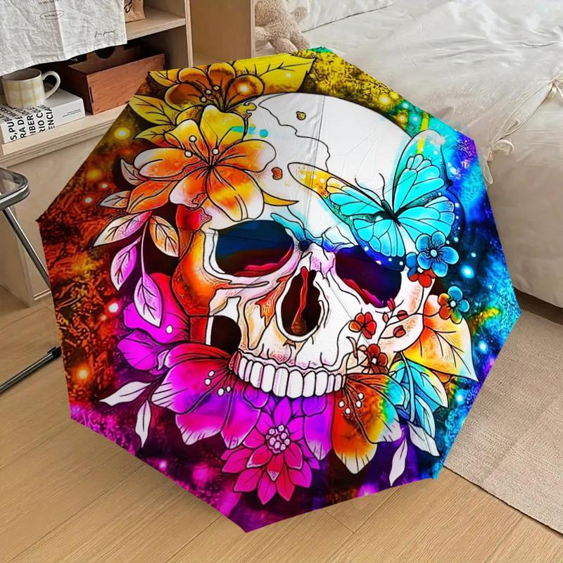 1pc Colorful Skull Flowers Butterfly Artwork Umbrella with Plastic Handle,Suitable for All Seasons Home Travel Outdoor UmbrellaDD1757