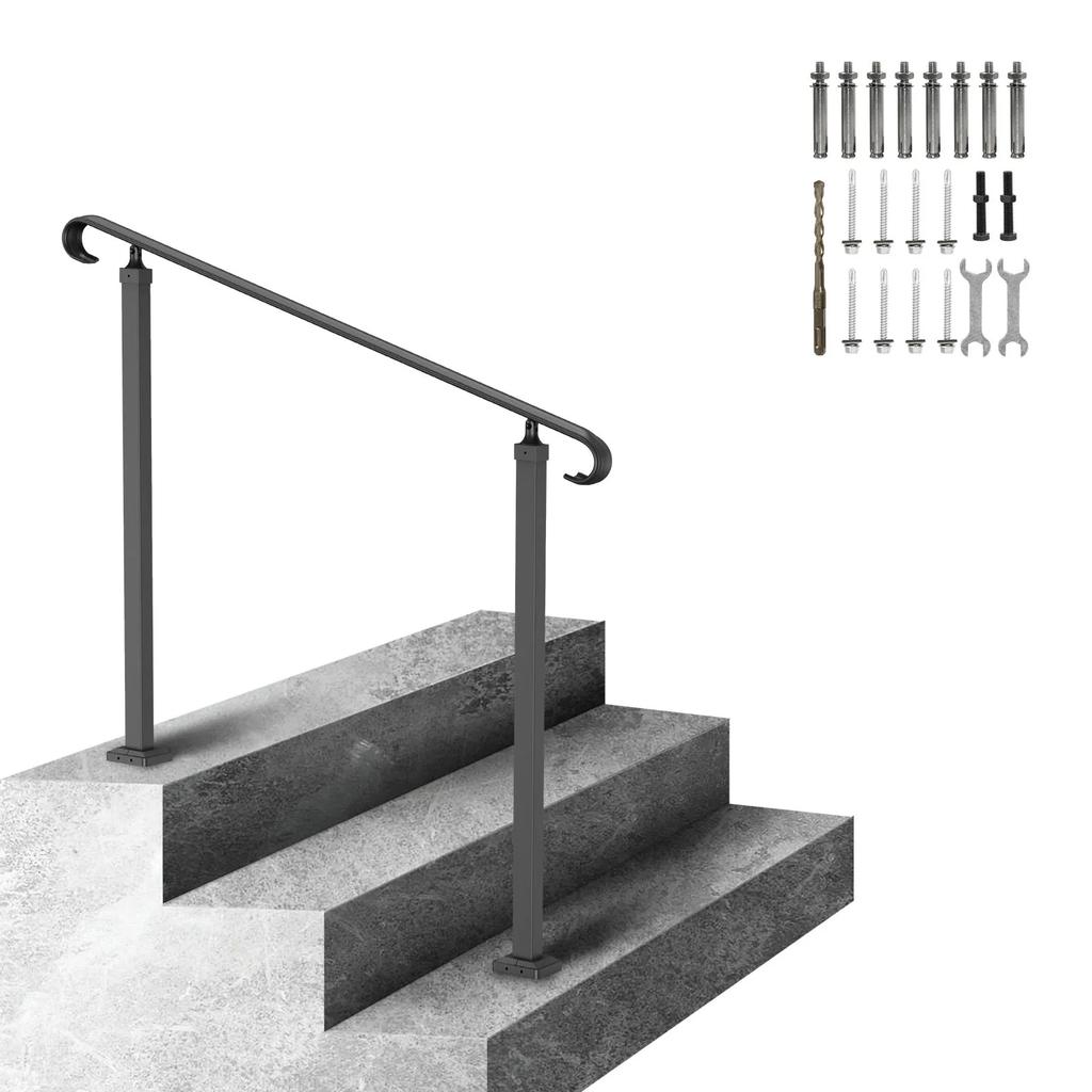 VEVOR Wrought Iron Handrail, Fit 2 or 3 Steps Outdoor Stair Railing, Adjustable Front Porch Hand Rail