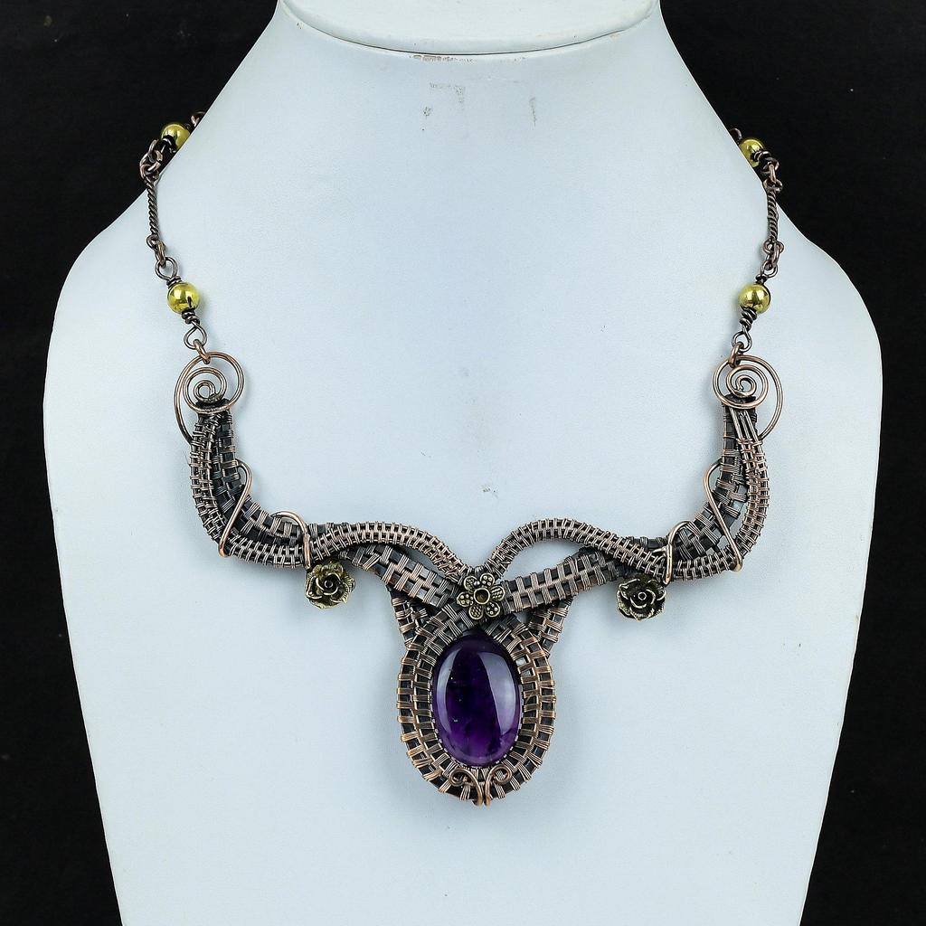 Amethyst Necklace Handmade Jewelry, 999 Copper Wire Wrapped Necklace Designer Gemstone Jewelry Adjustable Chain Necklace Gift For Mom