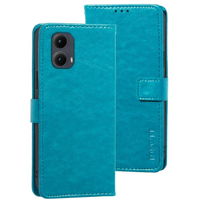 

For Motorola Edge (2024) 5G Case Stand View Leather Phone Cover Crazy Horse Texture Sky Blue