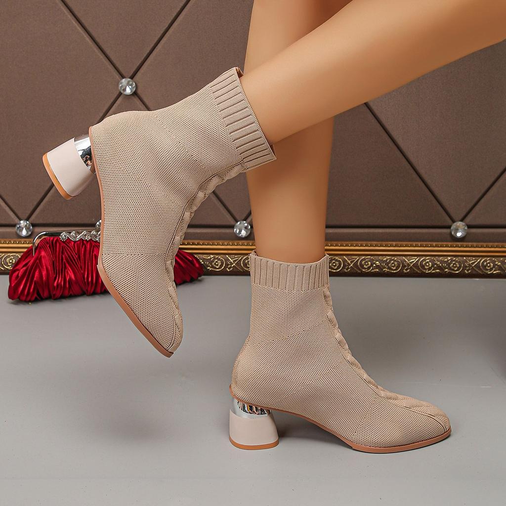 Fashion Women Boots New Large Fashionable Knitted Shoes Women Non Slip Rubber Sole Fashionable Luxury Boots High Heels Mid Calf Boots