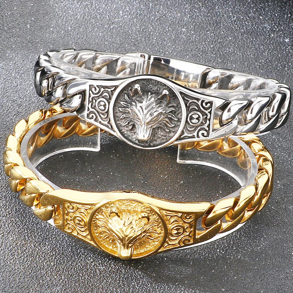 Cool Biker Mens Stainless Steel Wolf Head Curb Cuban Link Chain Bracelet for Men Man Punk Rock Style Jewelry Accessories 19-23CM