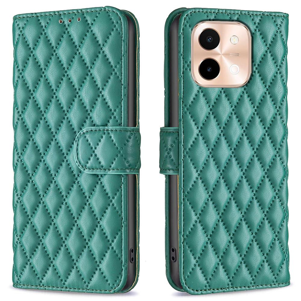 

For vivo Y28 4G Case Wallet Leather Phone Cover Rhombus Imprint Green