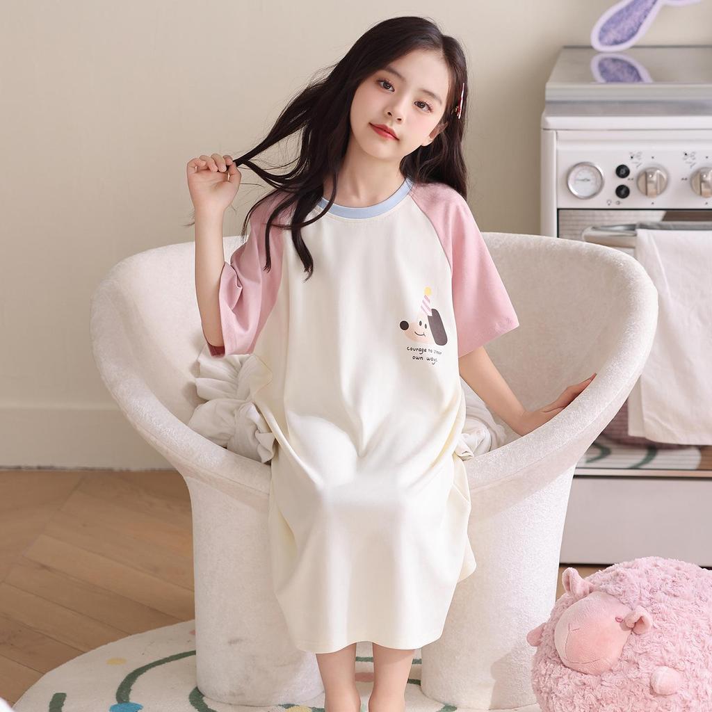 Girls' Princess Cotton Short-Sleeve Pajama Dress, Class A Safety Certified Sleepwear