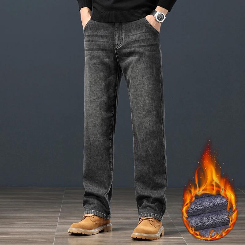 Winter Fleece Warm Men's Jeans Classic Loose Straight Plush Denim Pants Thickened Fashion Stretch Casual Thermal Trousers 42 44