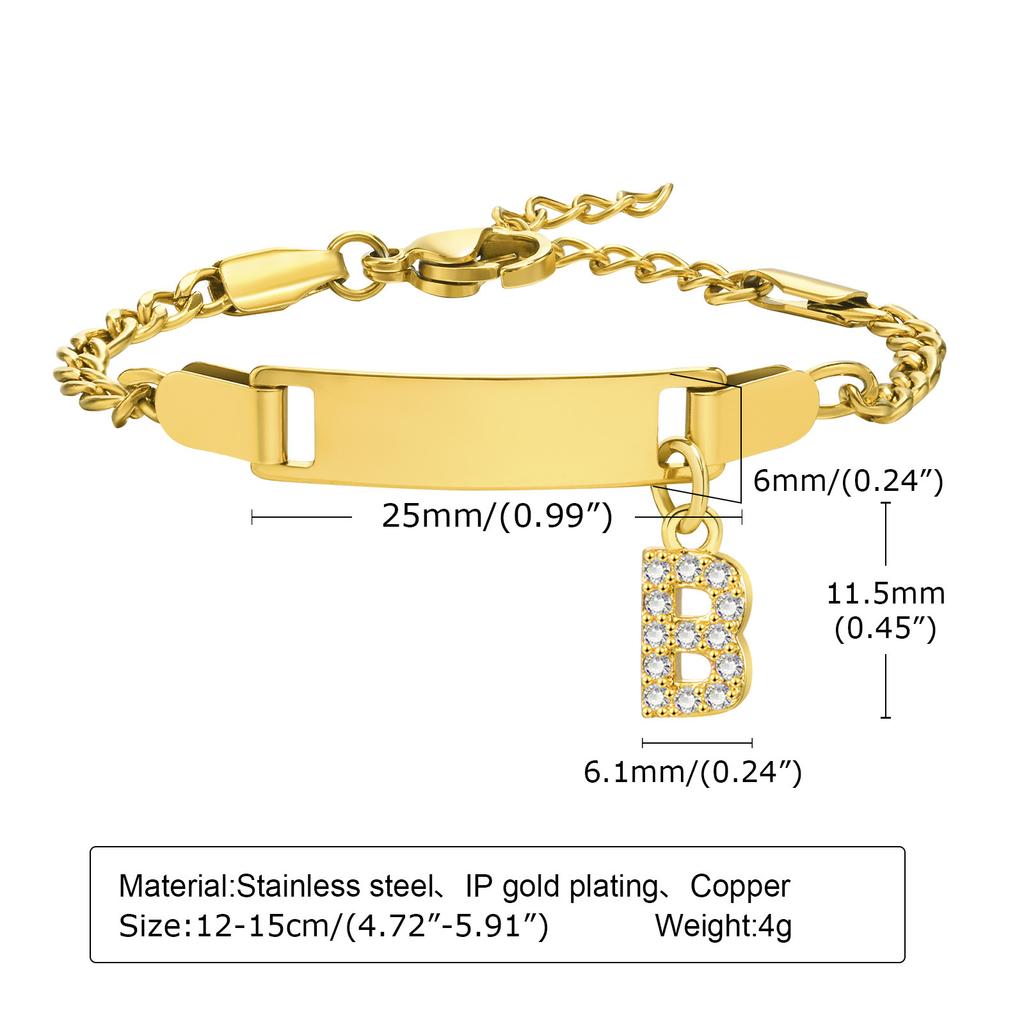 Personalized Initial Letter Stainless Steel Bracelet Custom Engraved Name Bar 18K Gold Plated Waterproof Jewelry for Kid Women