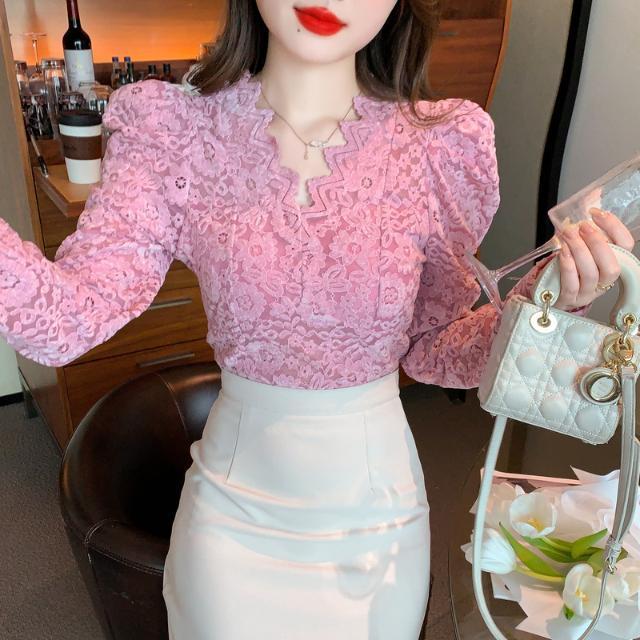 Pink Lace Base Layer Brushed Puff Sleeve Spring Autumn Elegant Base Layer French Lace Inner Wear
