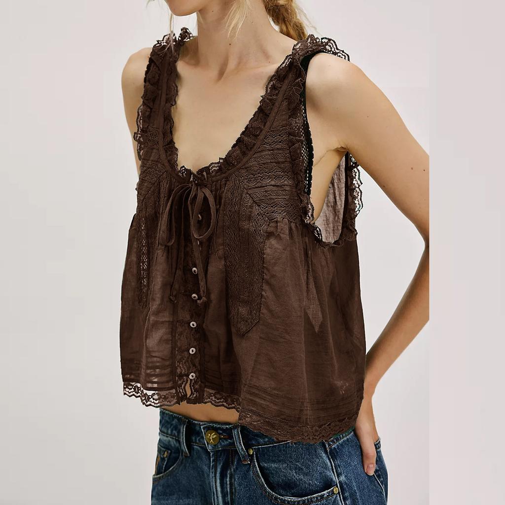 Moda Donna Casual Senza Maniche Pizzo Pizzo Dolce Sottile Canotta Gilet Top con Bottoni