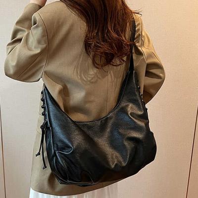 Large Capacity Women's Crossbody Bag  New Trendy Wide Shoulder Strap Tote Bags Solid Color PU Leather Travel Shoulder Purse