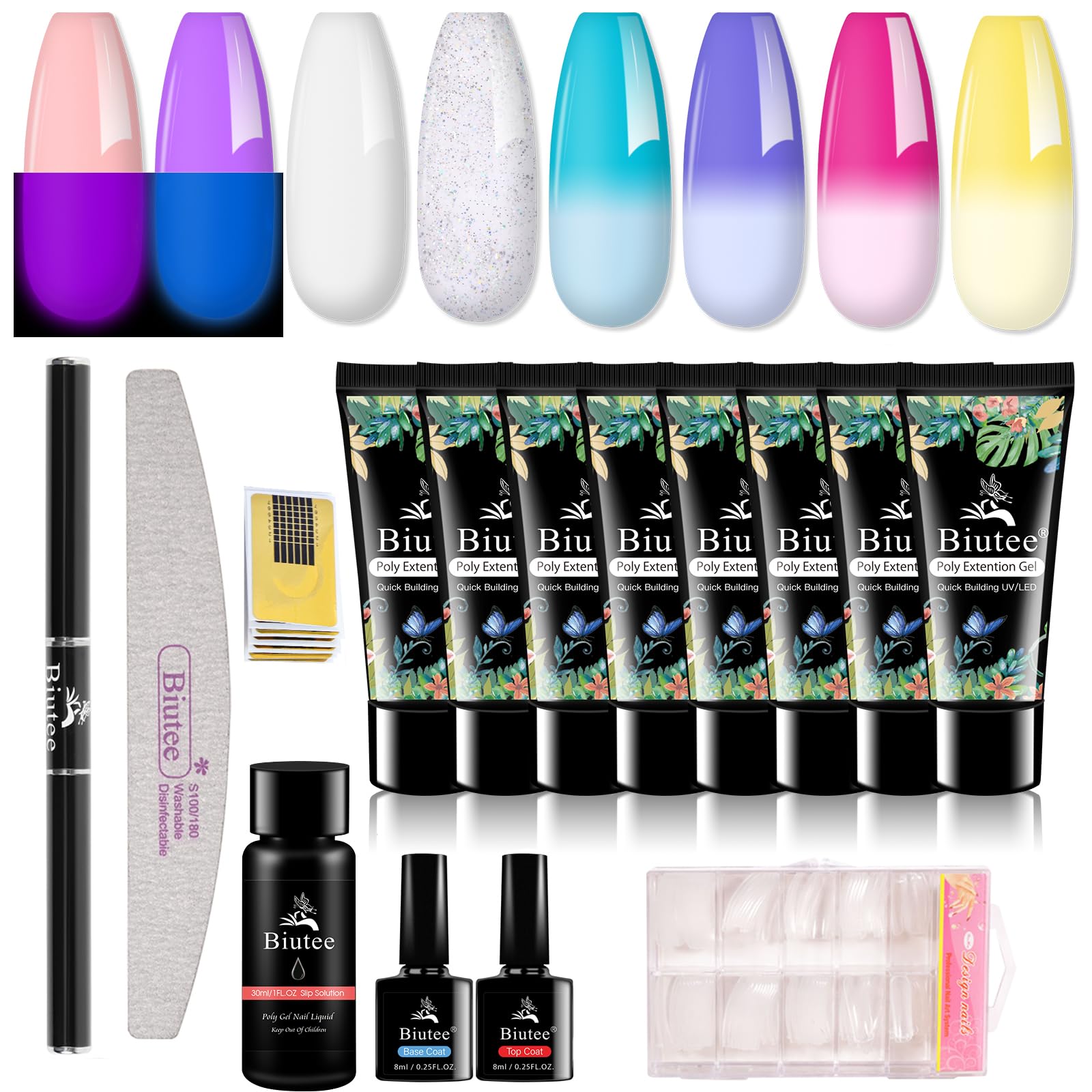 

Biutee Polygel Set for Nail Includes 8 colors Glow Nail Gel Top Base Nail Nail and Special Extensions (15ml each), (Chameleon Gel), Glow-in-the-Dark,