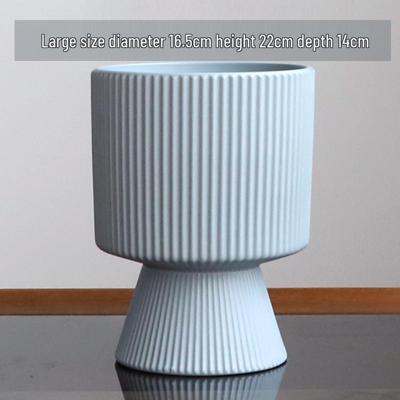 Nordic Ceramic Flower Pot with Tray - High-Footed Vertical Stripes for Indoor/ Balcony, Ideal for Pothos and Orchids.