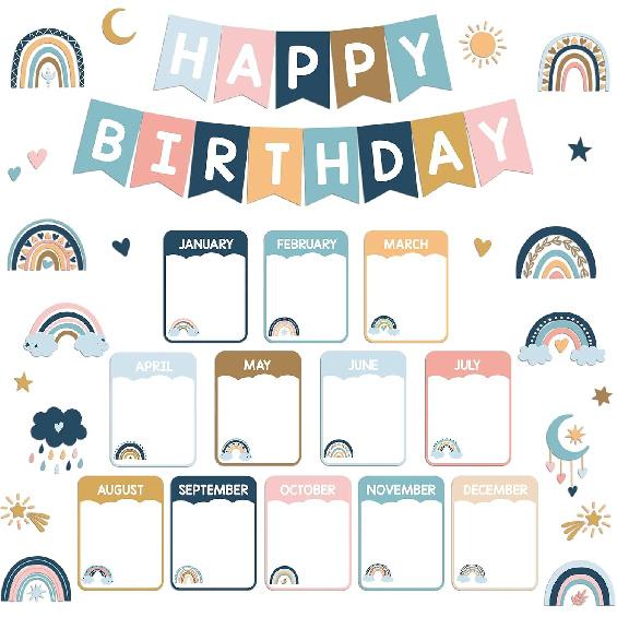 Happy Birthday Bulletin Board Decoration Rainbow Classroom Bulletin Board Cutouts Happy Birthday Chart Poster Calendar for Wall Chalkboard Classroom Rainbow