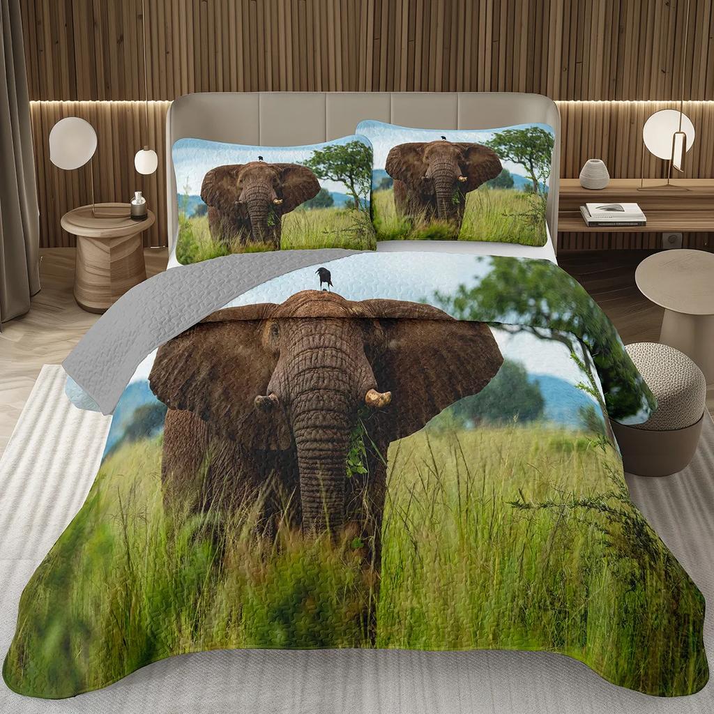 Elephant Bedspread Twin Queen King Size African Safari Animal Theme Quilt Set Jungle Wildlife Coverlet Set with 1/2 Pillowcase